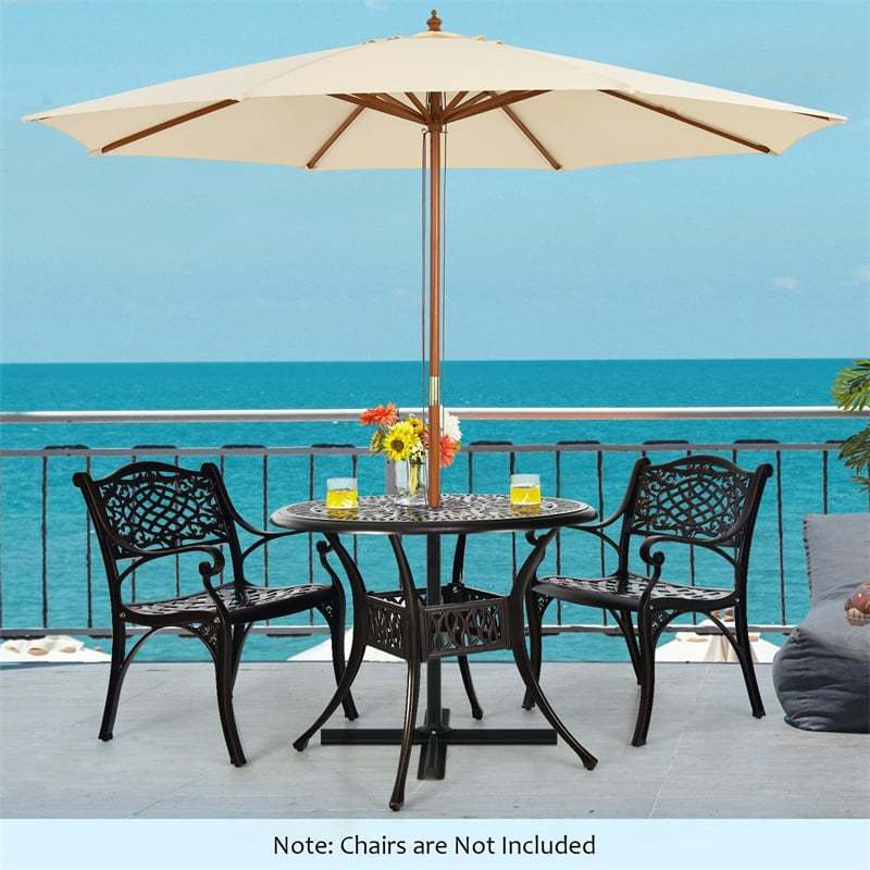 36" Cast Aluminum Bistro Table, Outdoor Round Dining Table with Umbrella Hole, Adjustable Footpads & Weather-Resistant for Backyard, Poolside, Garden