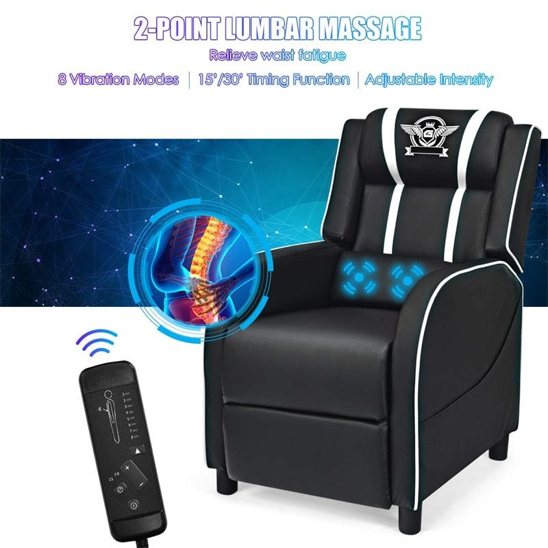 Gaming Recliner PU Leather Massage Gaming Chair with Adjustable Footrest, Side Pocket & Remote, Racing Style Single Theater Seat Game Sofa