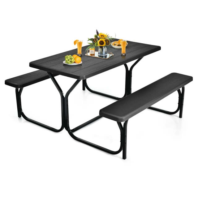 Outdoor Picnic Table Bench Set, All-Weather Metal Frame Camping Table with Built-in Benches & Wood-Like Tabletop for Backyard, Patio, Poolside