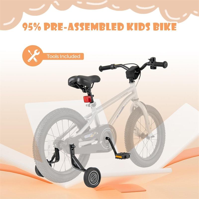 16-Inch Kids Bike, Sports Bicycle for 4-7 Years Old with Height Adjustable Seat, Fully Enclosed Chain Guard & Removable Training Wheels