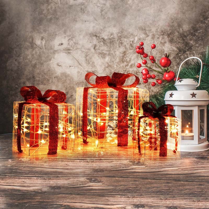 3PCS Christmas Lighted Gift Boxes, LED Xmas Decorative Boxes with 60 Lights & Waterproof Plug, Indoor/Outdoor Holiday Presents Set