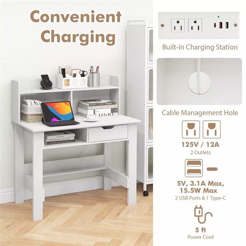 Computer Desk with Hutch, Power Outlets, USB/Type-C Ports, Open Shelf & Drawer, Space-Saving Modern Home Office Writing Desk for Bedroom