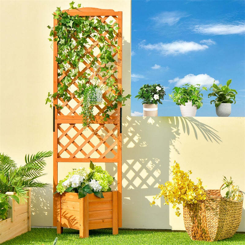Wooden Raised Garden Bed, 71” High Outdoor Planter Box with Trellis for Plant Flower Climbing Pot Hanging