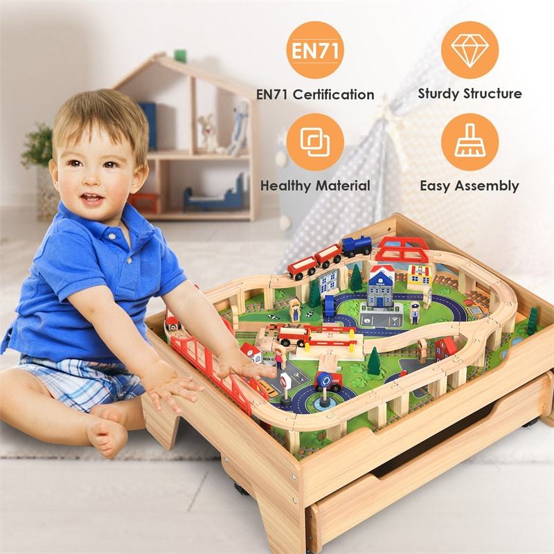 Kids Wooden Train Set Table with 100 Multicolor Pieces Activity Table and Storage Drawer