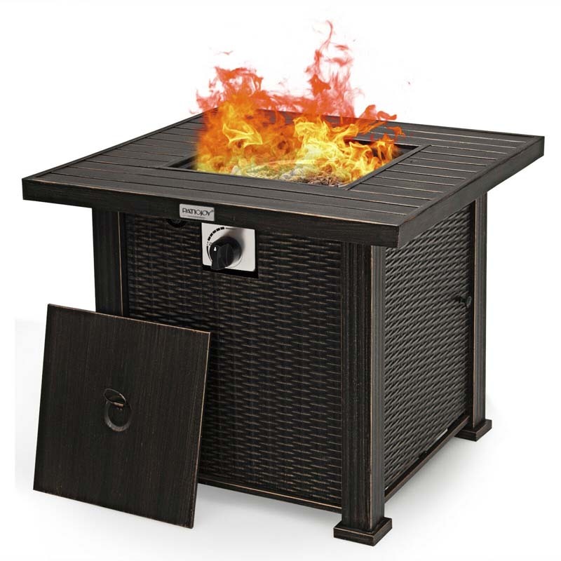 30" Square Steel Gas Fire Pit Table, 50,000 BTU Outdoor Propane Fire Pit with Lid, Lava Rocks & Waterproof Cover, CSA & ETL Certified