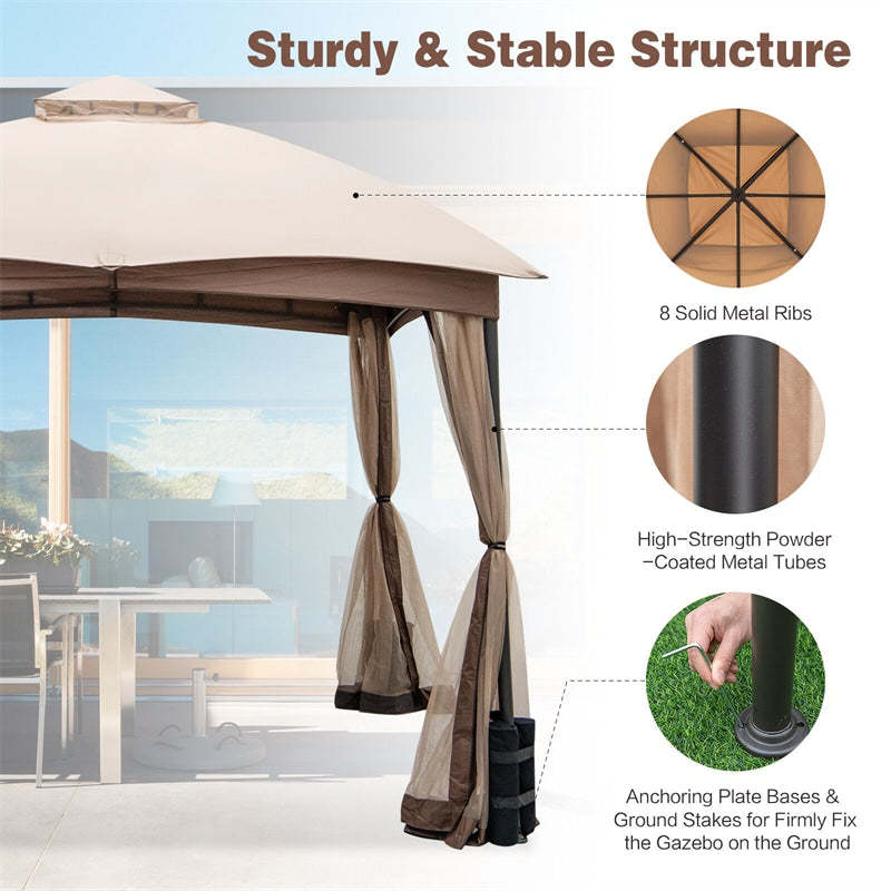 10' x 10' 2-Tier Patio Gazebo Easy-Setup Heavy-Duty Outdoor Canopy Gazebo with Netting & 4 Sandbags