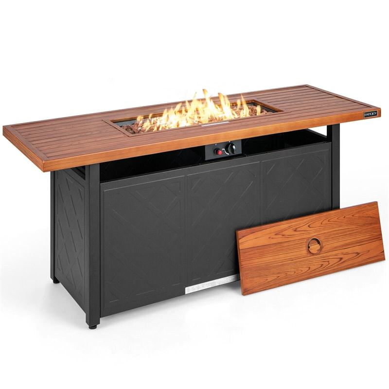 57" Rectangular Propane Fire Pit Table, 50,000 BTU Auto-Ignition Outdoor Gas Fire Pit with Removable Lid & Lava Rocks for Patio Backyard