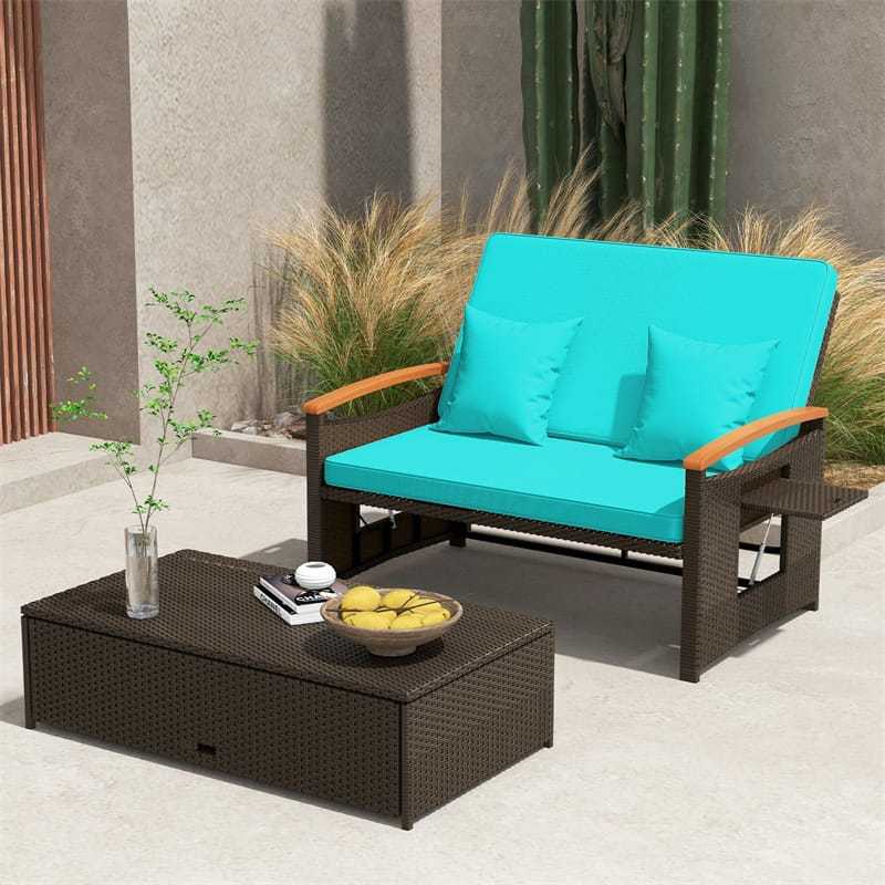 Patio Rattan Daybed Set with Cushioned Loveseat, Storage Ottoman, Retractable Side Tray, Backrest Adjustable Outdoor Double Chaise Lounge