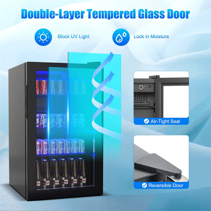 120-Can Mini Beverage Fridge, Freestanding Beverage Refrigerator w/2-Layer Glass Door & Removable Shelves, Beer/Wine/Soda Cooler for Home, Office, Bar