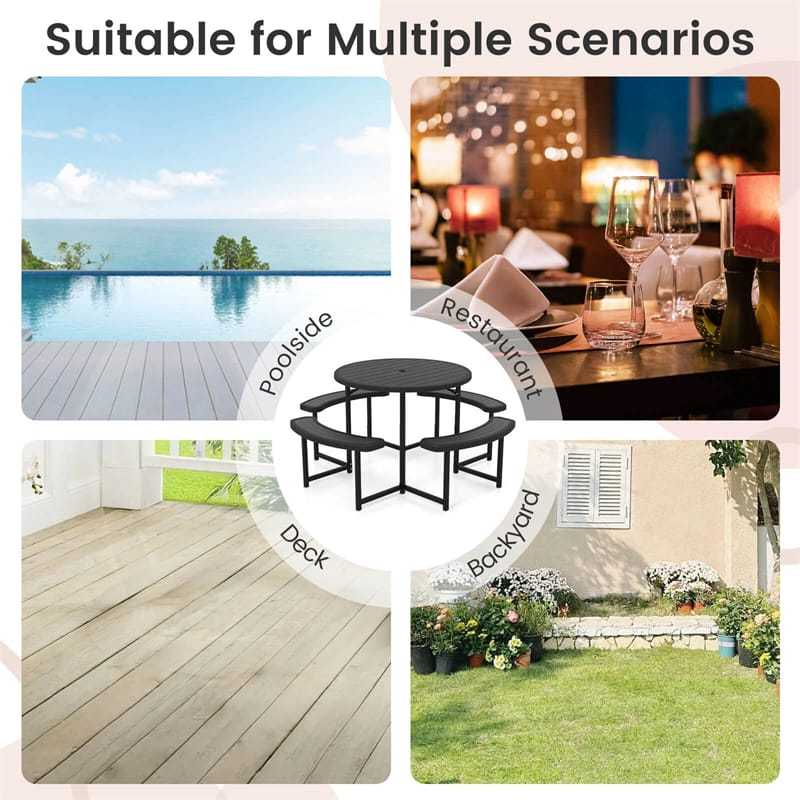 8 Person Round Outdoor Picnic Table Bench Set with Umbrella Hole, HDPE Tabletop, Metal Frame & 2000lbs Capacity for Patio, Garden, Lawn