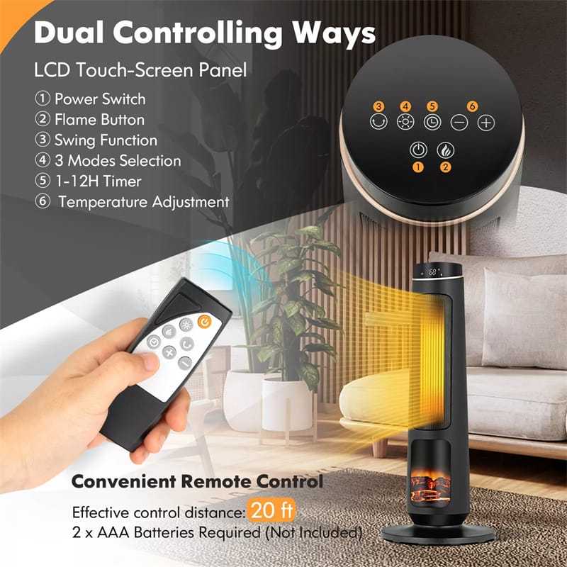 1500W Electric Space Heater, 30" PTC Ceramic Tower Heater with 3D Flame, Remote Control & 80° Oscillating for Large Rooms, Living Room, Bedroom