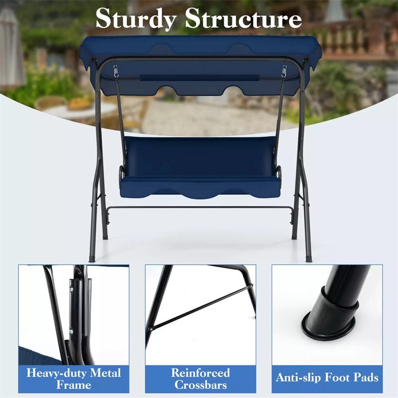 3-Seat Patio Swing with Adjustable Canopy & Removable Cushion, Powder-Coated Steel Frame Outdoor Porch Swing for Backyard, Garden, Balcony