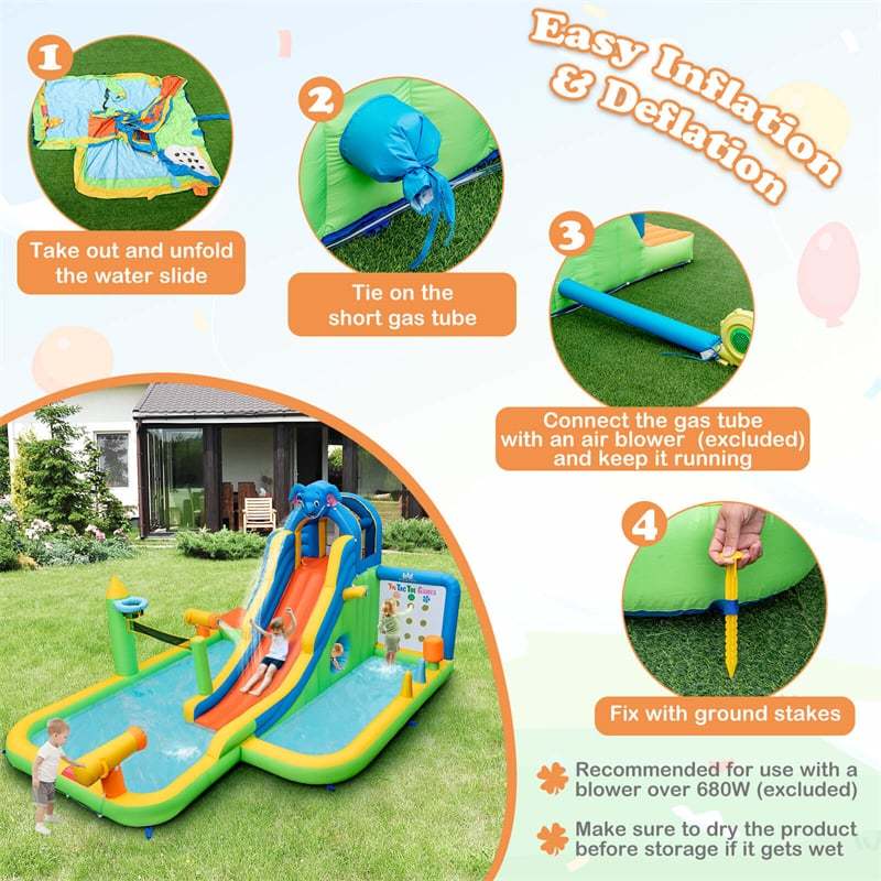 Inflatable Water Slide Elephant Theme 9 in 1 Mega Waterslide Park with Splash Pool, Tic Tac Toe, Climbing Wall for Kids Backyard Family Fun