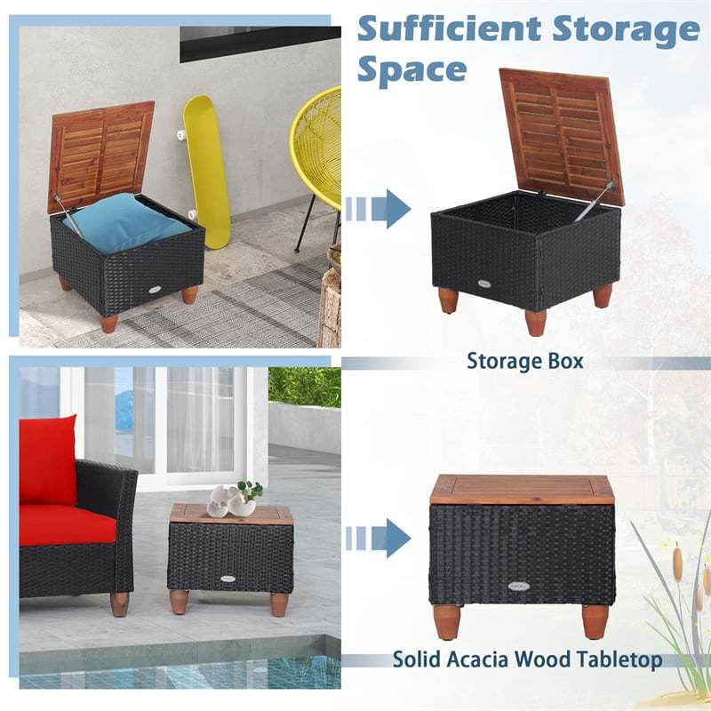 3PCS Patio Rattan Furniture Set Cushioned Sofa Chair Storage Coffee Table with Acacia Wood Top, Outdoor Wicker Conversation Set for Garden