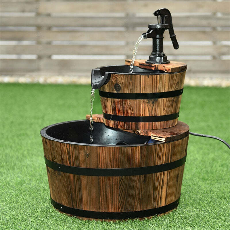 2-Tier Rustic Wood Barrel Water Fountain with Electric Pump, Outdoor Barrel Waterfall Feature with Decorative Hand for Garden, Patio & Backyard