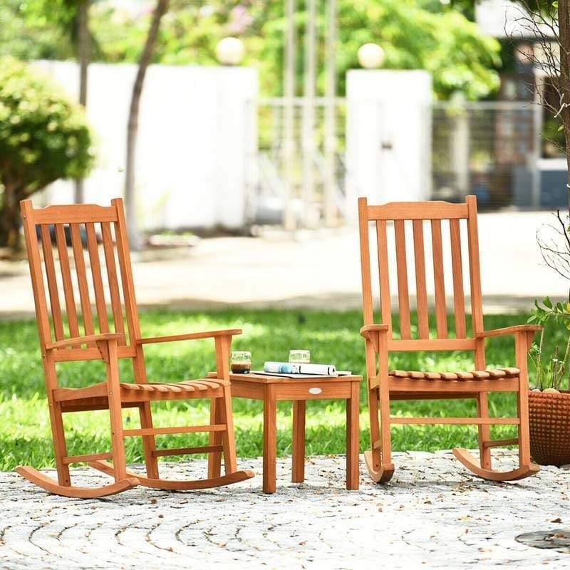 3-Piece Eucalyptus Wood Rocking Bistro Set with 2 Rockers & Coffee Table, Outdoor Rocking Chair Set for Patio, Backyard, Porch, Poolside