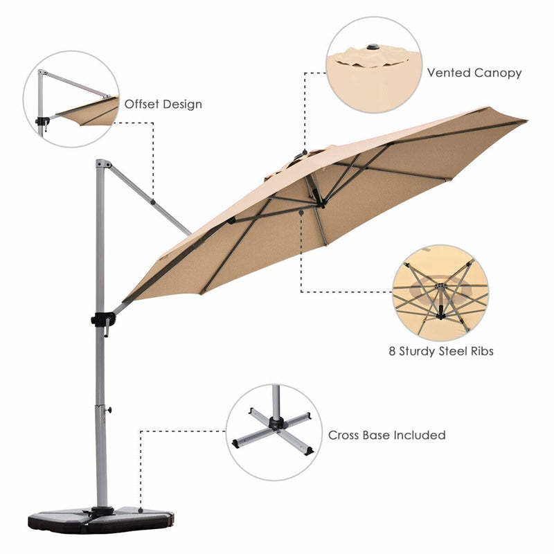 11 Ft Patio Offset Cantilever Umbrella 360° Rotation Tilt with Cross Base & Crank Handle