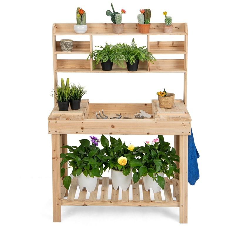 Outdoor Potting Bench, 60.5" Wood Garden Workstation Potting Table with Storage, Flip-Up Tabletop, Shelves & Hanging Hooks for Patio, Porch, Yard