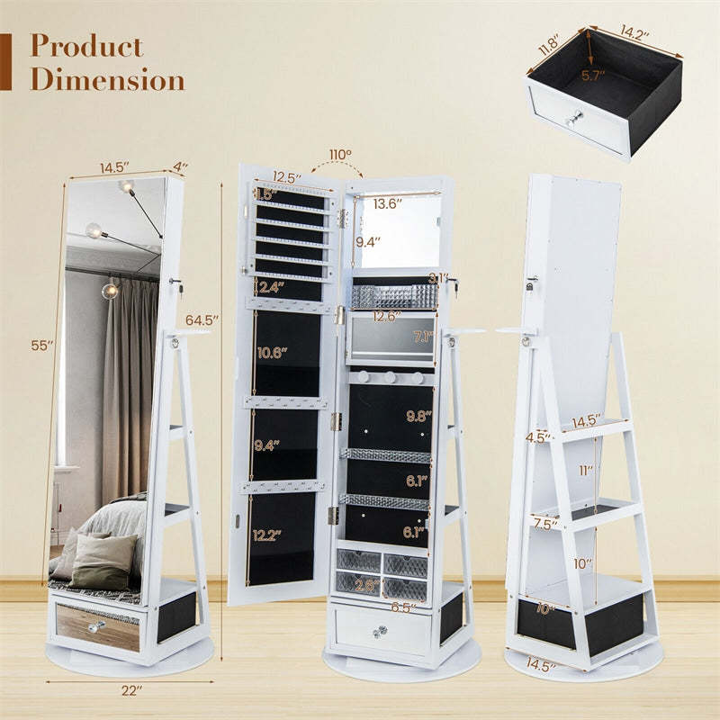 360° Swivel Jewelry Cabinet Armoire, Full-Length Mirror with LED Lockable Jewelry Organizer, Hairdryer Holder, Drawer, Rear Storage Shelves