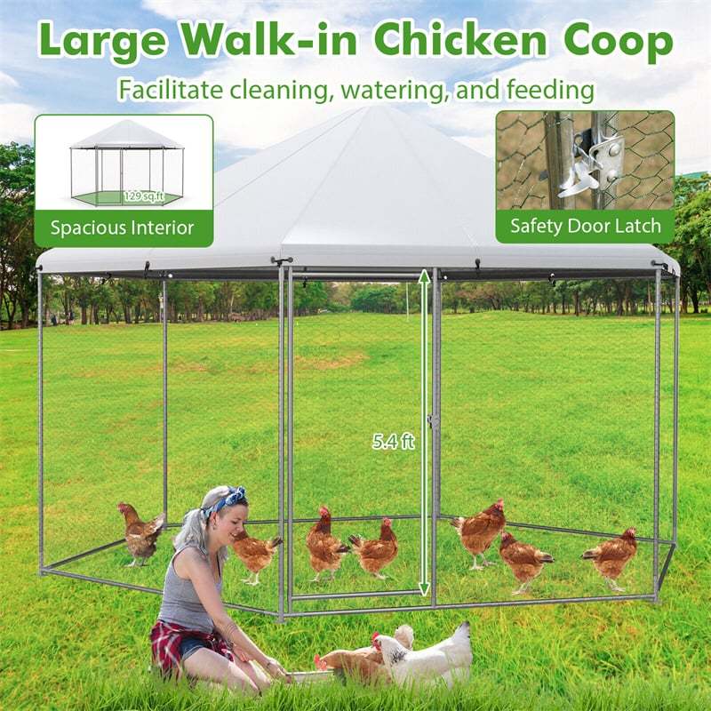 13FT Large Metal Chicken Coop Hexagon Walk-in Chicken Run Heavy Duty Galvanized Poultry Cage Hen House Rabbit Hutch with Waterproof Cover