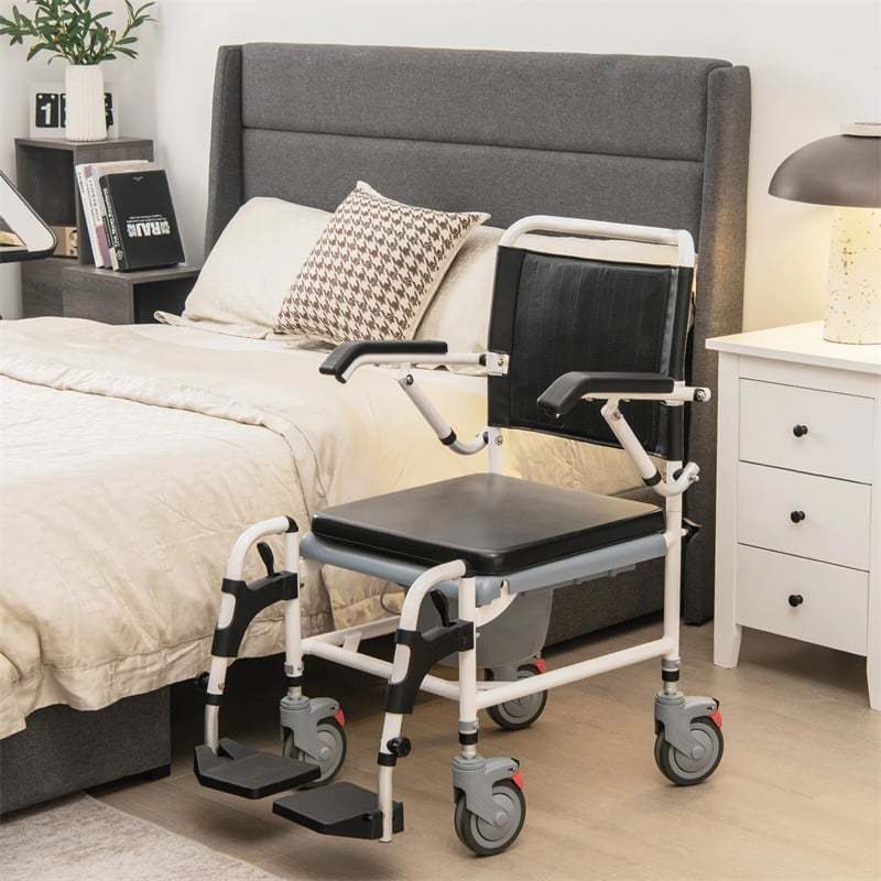 4-in-1 Bedside Commode Shower Chair with Lockable Wheels & Detachable Bucket, Height Adjustable Mobile Toilet Chair for Elderly & Adults