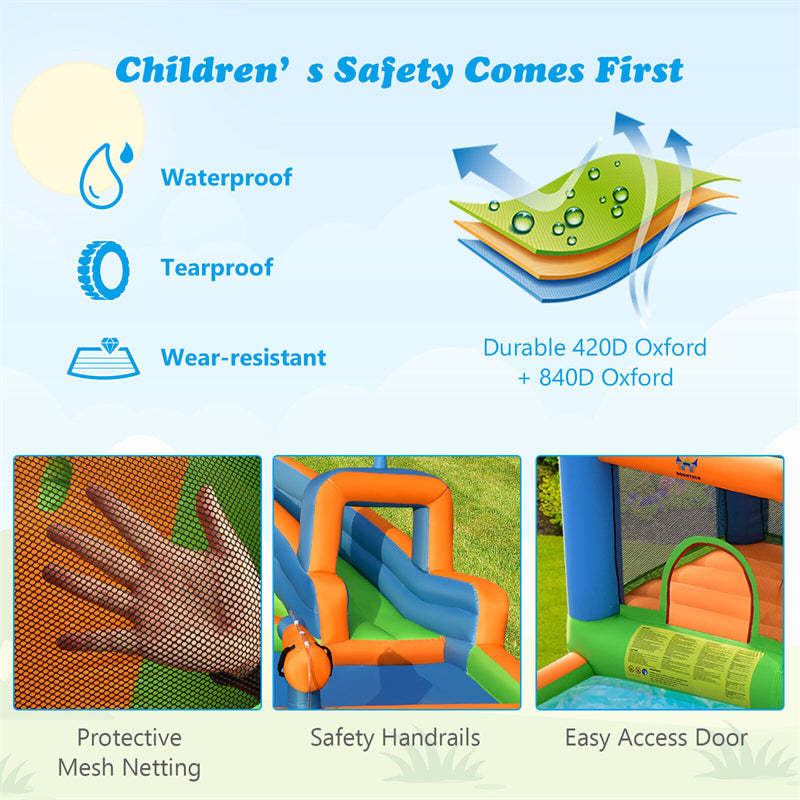 Inflatable Water Slide Park, 7-in-1 Mega Bounce House Water Slide Combo with 735W Blower, Splash Pool, Climbing Walls for Kids, Backyard Family Fun