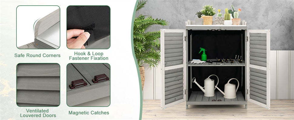 Outdoor Potting Bench Table Garden Storage Cabinet Solid Wood Potting Workstation with Metal Tabletop & Roll-up Side Door