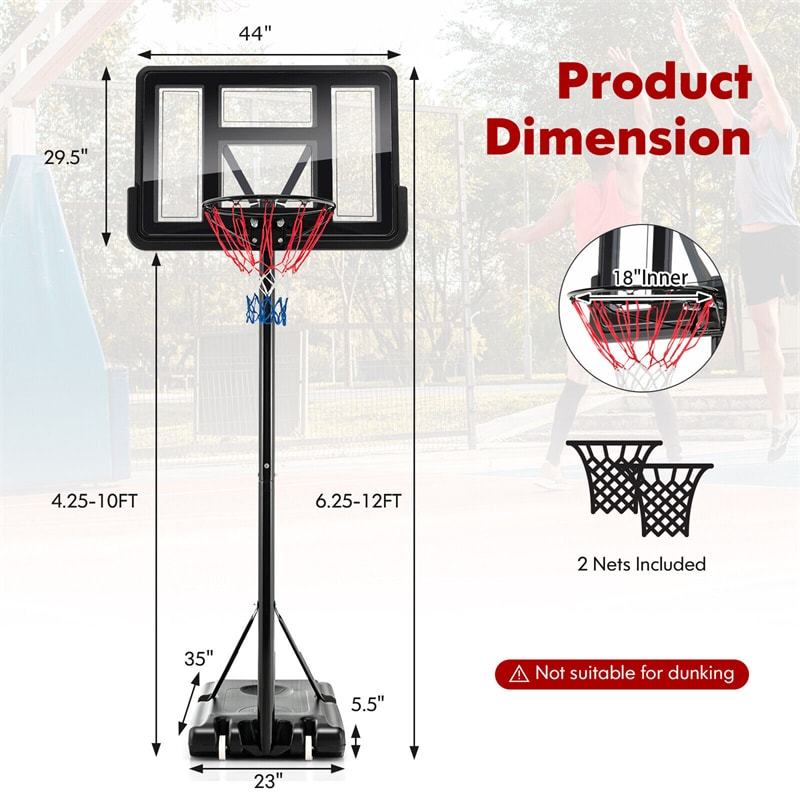 Portable Basketball Hoop 4.25-10FT Height Adjustable with 44" Shatterproof Backboard, All-Weather Basketball Goal System for Driveway, Kids & Adults