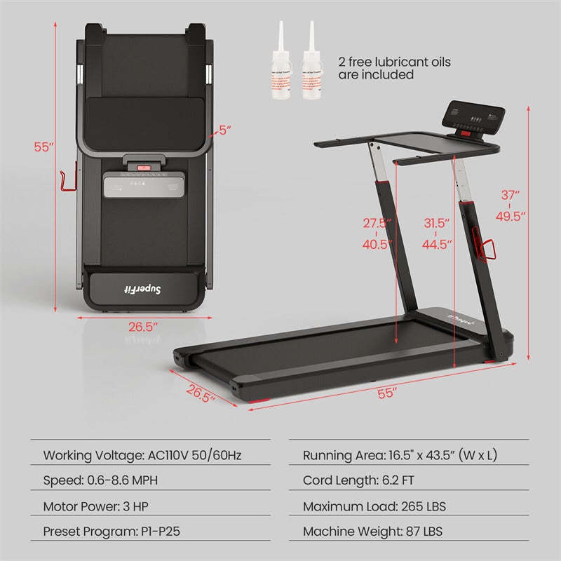 3HP Folding Treadmill w/Desk, Adjustable Height, APP Control, LED Display & 25 Preset Programs, Compact Walking Running Machine for Home Office