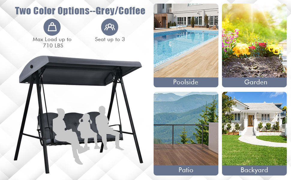 3-Seat Outdoor Porch Swing with Adjustable Tilt Canopy & Removable Cushions