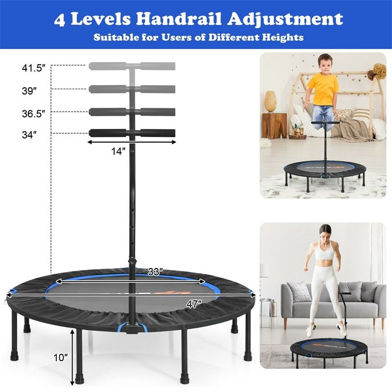 47" Mini Foldable Fitness Trampoline Rebounder Exercise with Adjustable Handrail Padded Cover
