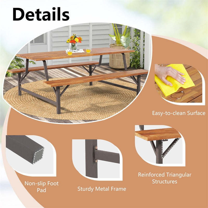 Acacia Wood Patio Picnic Table Bench Set Outdoor Dining Table with Umbrella Hole & Benches