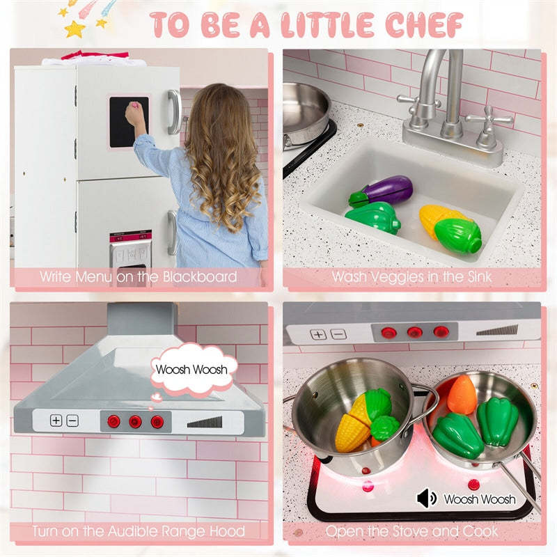 Pink Kids Corner Kitchen Playset, Wooden Pretend Play Kitchen Toy Set with Lights, Washer, Range Hood, Microwave, Oven, Utensils, Apron & Chef Hat