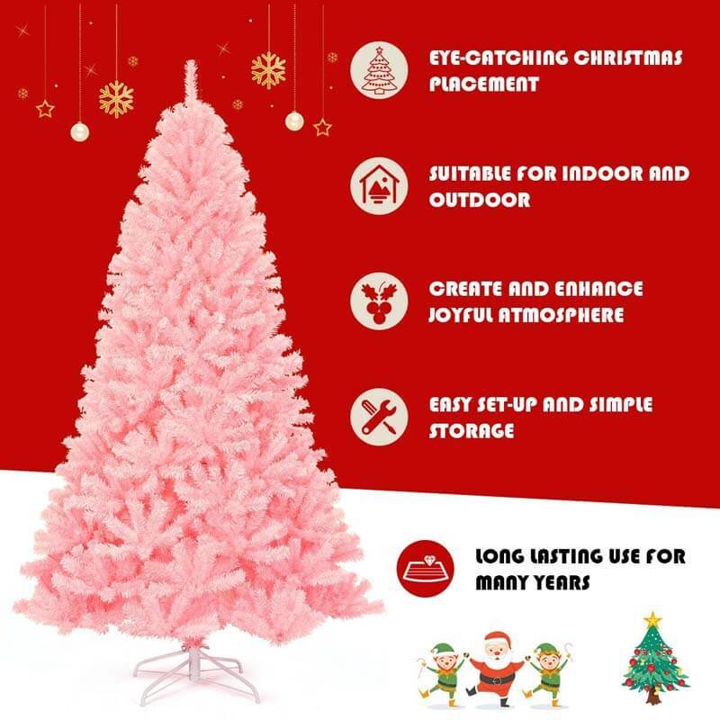 7.5FT Pink Artificial Hinged Spruce Full Christmas Tree with Foldable Metal Stand