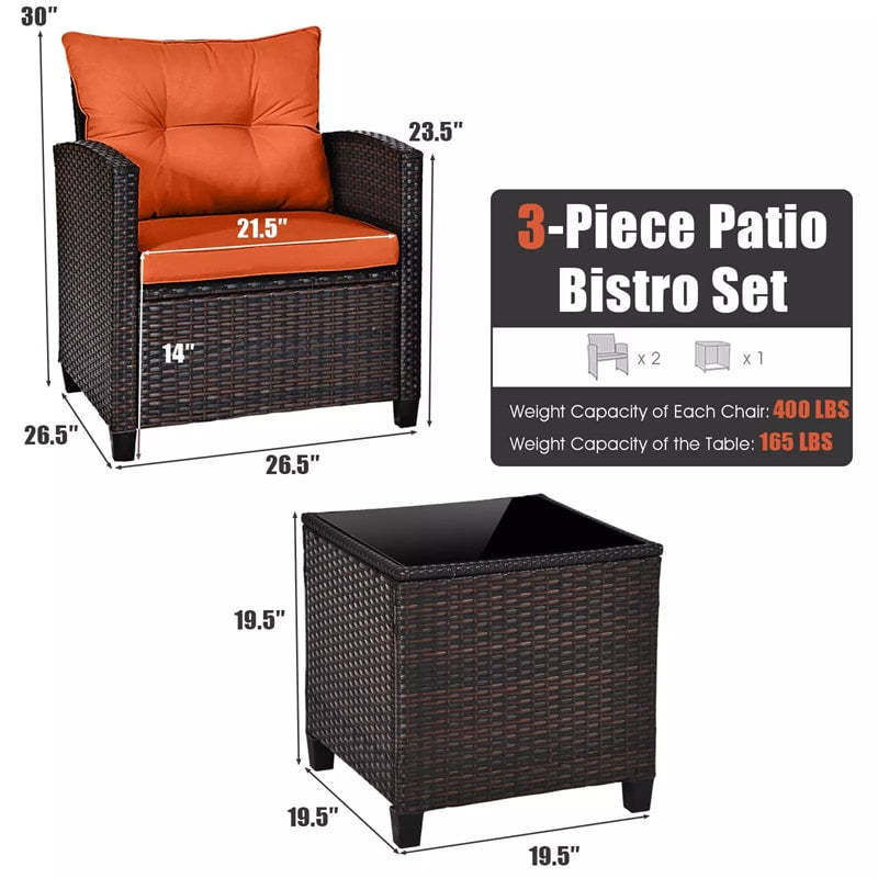 3PCS Rattan Patio Furniture Set with Washable Cushions & Tempered Glass Coffee Table, Outdoor Wicker Conversation Set for Garden, Balcony
