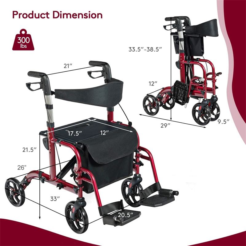 2-in-1 Folding Rollator Walker with Seat for Seniors, Aluminum Medical Walker Transport Chair Combo with 8" Wheels, Adjustable Handle & Backrest