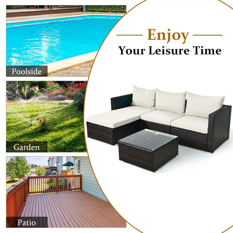 5 Piece Rattan Patio Conversation Set Sectional Sofa with Coffee Table & Cushions
