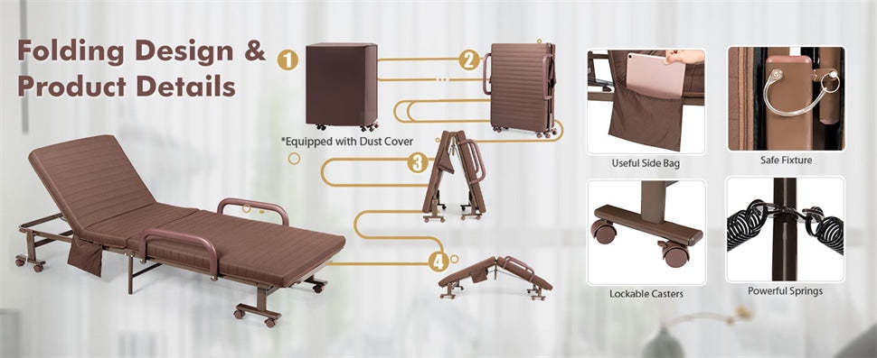 Folding Bed with Mattress, Portable Rollaway Guest Bed with Lockable Wheels, 6-position Adjustable Backrest & Side Storage Pocket, 660 LBS