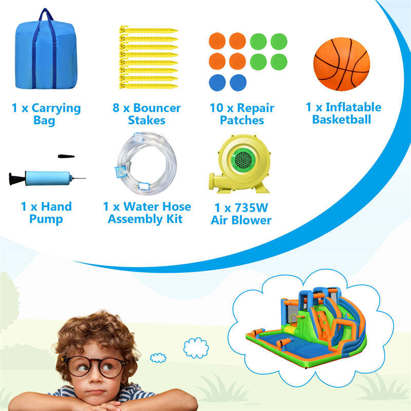 Inflatable Water Slide Park, 7-in-1 Mega Bounce House Water Slide Combo with 735W Blower, Splash Pool, Climbing Walls for Kids, Backyard Family Fun
