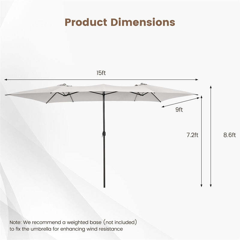 15FT Double-Sided Patio Umbrella with Crank Handle, Vented Top, 10-Rib Metal Frame, Large Twin Market Umbrella for Poolside, Deck, Lawn, Garden
