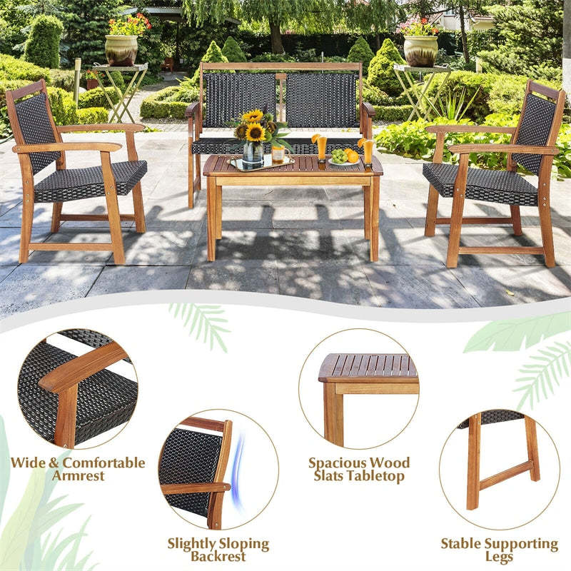 4 Pcs Outdoor Rattan Patio Conversation Set with Acacia Wood Coffee Table & Chairs