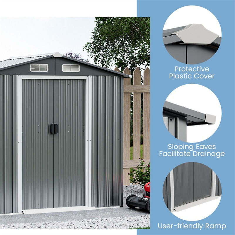 6 x 4 FT Outdoor Storage Shed Galvanized Steel Garden Storage Shed with Lockable Double Sliding Door
