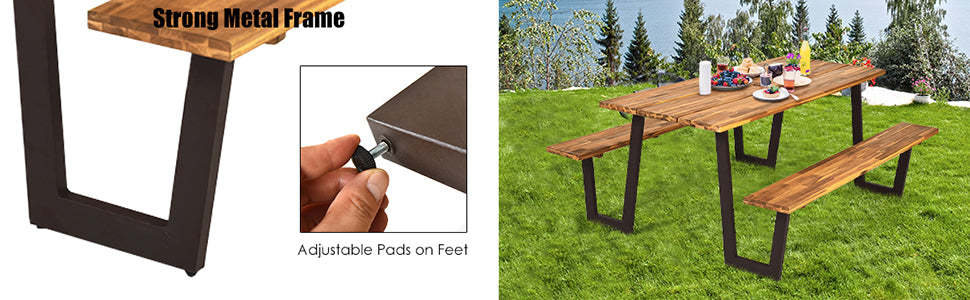 70” Acacia Wood Outdoor Dining Table Set Picnic Table Bench Set with Umbrella Hole