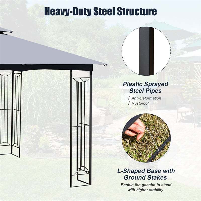 10 x 10 FT Patio Gazebo Double Roof Outdoor Canopy Gazebo Heavy-Duty Steel Frame Gazebo Garden Pavilion Shelter