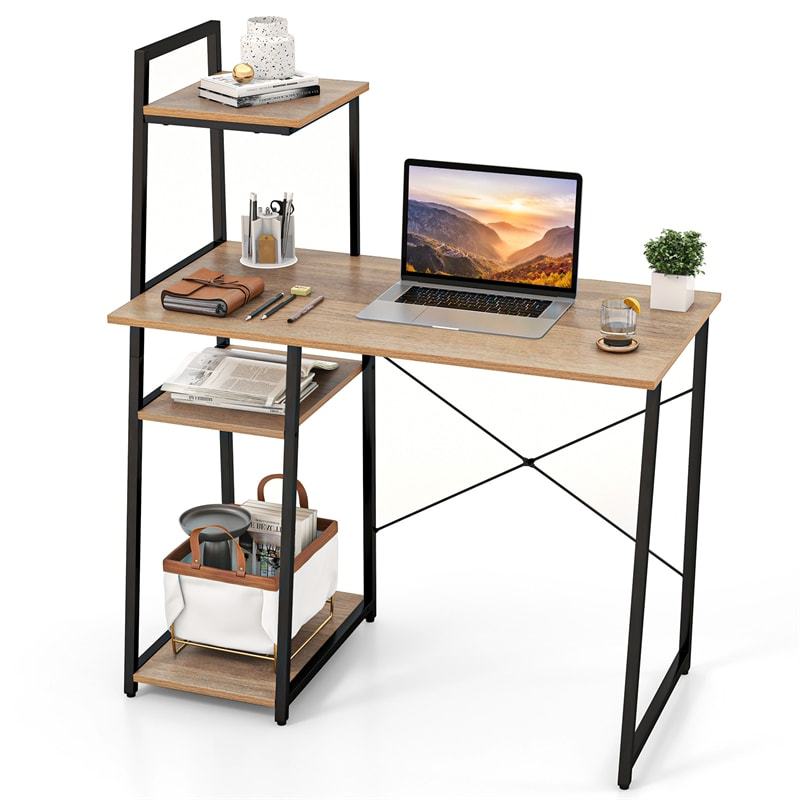 Computer Desk 47.5” Home Office Desk with Side Bookshelf & Host Stand, Metal Frame PC Laptop Workstation Study Writing Desk for Small Spaces