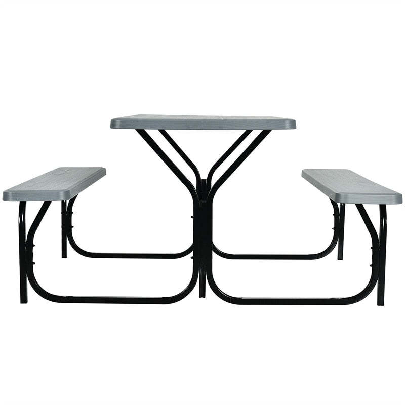 Outdoor Picnic Table Bench Set, All-Weather Metal Frame Camping Table with Built-in Benches & Wood-Like Tabletop for Backyard, Patio, Poolside