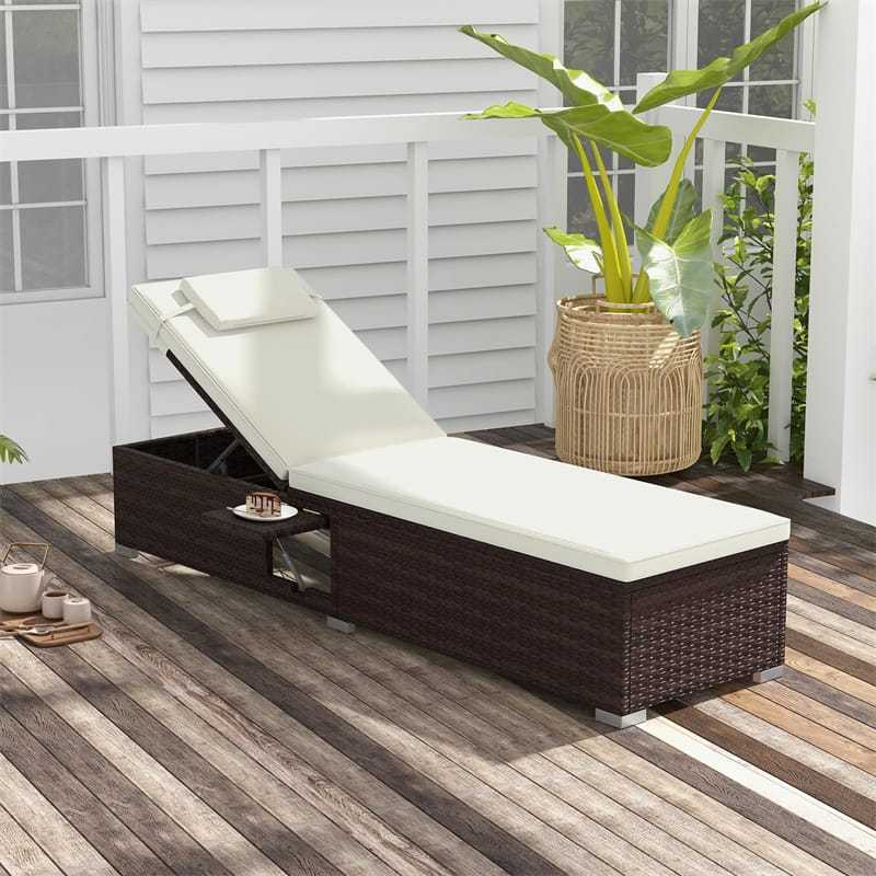 Patio Chaise Lounge Set of 2, Outdoor Rattan Lounge Chairs with 6-Level Adjustable Backrest, Cushions & Headrests, Metal Frame for Backyard