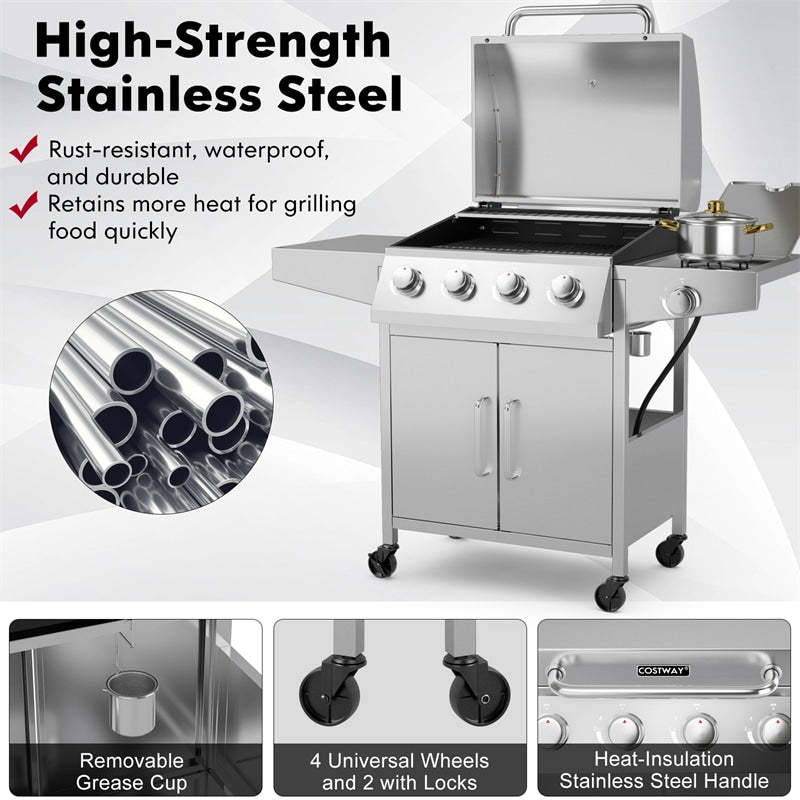 50000 BTU Heavy-Duty Outdoor BBQ Grill 6-Burner Propane Gas Grill with Side Burner 2 Prep Tables Thermometer 4 Wheels