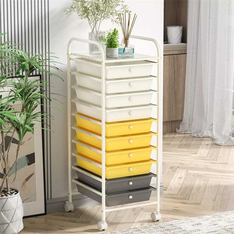 10-Drawer Rolling Storage Cart, Utility Cart with Drawers & Lockable Wheels, Mobile Art Craft Drawer Cart for Home Office, School
