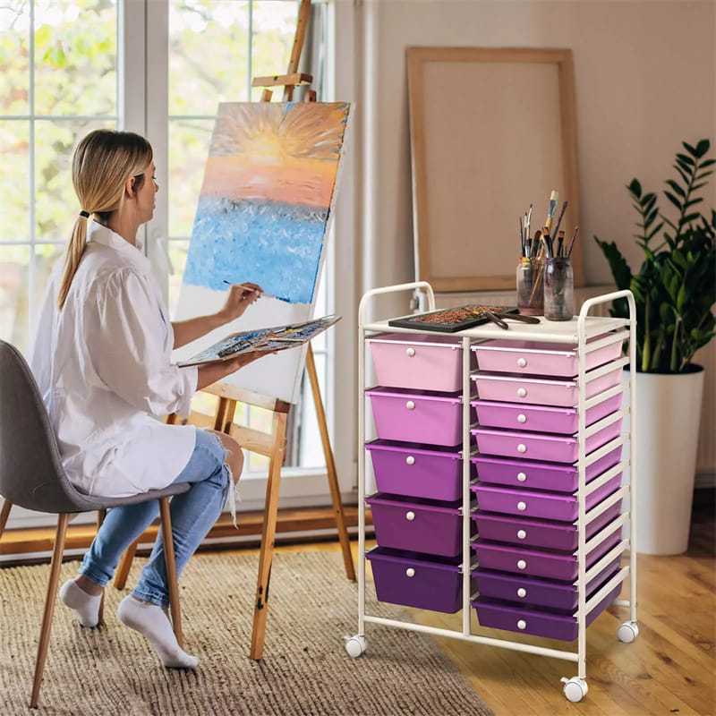 15-Drawer Rolling Storage Cart, Art &  Craft Organizer with Wheels & Removable Drawers for Tools, Scrapbook Paper, Home Office School